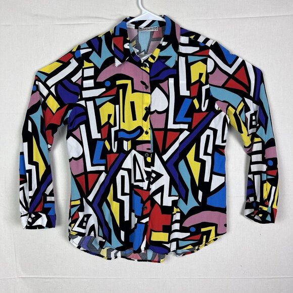 Big Dart Shirt Womens EU 48‎ Geometric Art Blouse 80s Retro Button Up Abstract - Picture 1 of 11